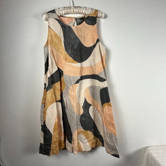 Rachel Zoe Womens Linen Summer Shift Dress Large Peach Grey Abstract Pockets - Picture 1 of 9